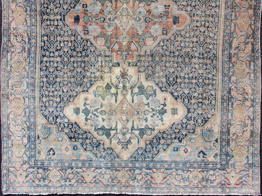 Fine Antique Persian Seneh Rug in Steel Blue Background and Multi colors. rug/D - 1004, country of origin / type: Iran / Seneh, Kurdistan Fine antique Persian Seneh rug in steel and gray blue background This intricate and finely woven antique r... - Keivan Woven ArtsD - 1004 - 1046Rug