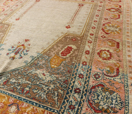 Antique Turkish Sivas prayer rug with floral design in ivory, taupe, and pink, Keivan Woven Arts / rug d - 1007, country of origin / type: Turkey/Oushak, circa mid - 20th century This lovely and finely woven Turkish Oushak rug displays a prayer desi... - Keivan Woven ArtsD - 1007 - 2117Rug
