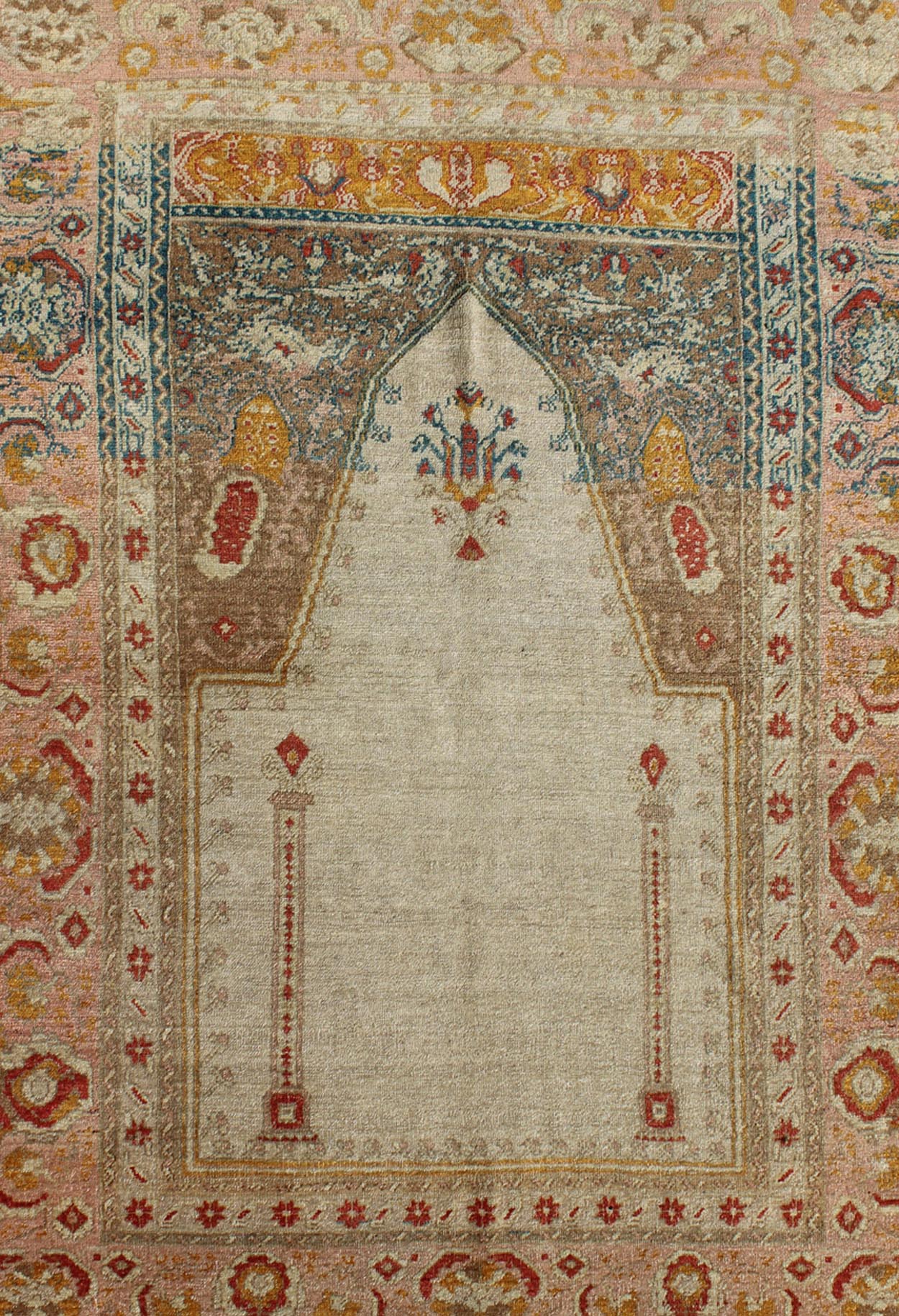 Antique Turkish Sivas prayer rug with floral design in ivory, taupe, and pink, Keivan Woven Arts / rug d - 1007, country of origin / type: Turkey/Oushak, circa mid - 20th century This lovely and finely woven Turkish Oushak rug displays a prayer desi... - Keivan Woven ArtsD - 1007 - 2117Rug