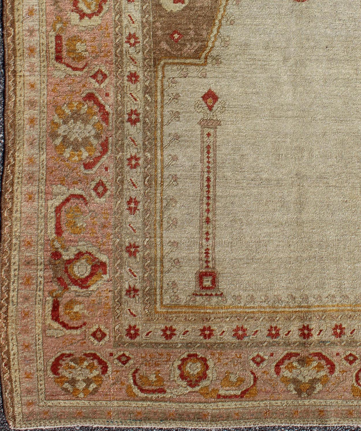 Antique Turkish Sivas prayer rug with floral design in ivory, taupe, and pink, Keivan Woven Arts / rug d - 1007, country of origin / type: Turkey/Oushak, circa mid - 20th century This lovely and finely woven Turkish Oushak rug displays a prayer desi... - Keivan Woven ArtsD - 1007 - 2117Rug