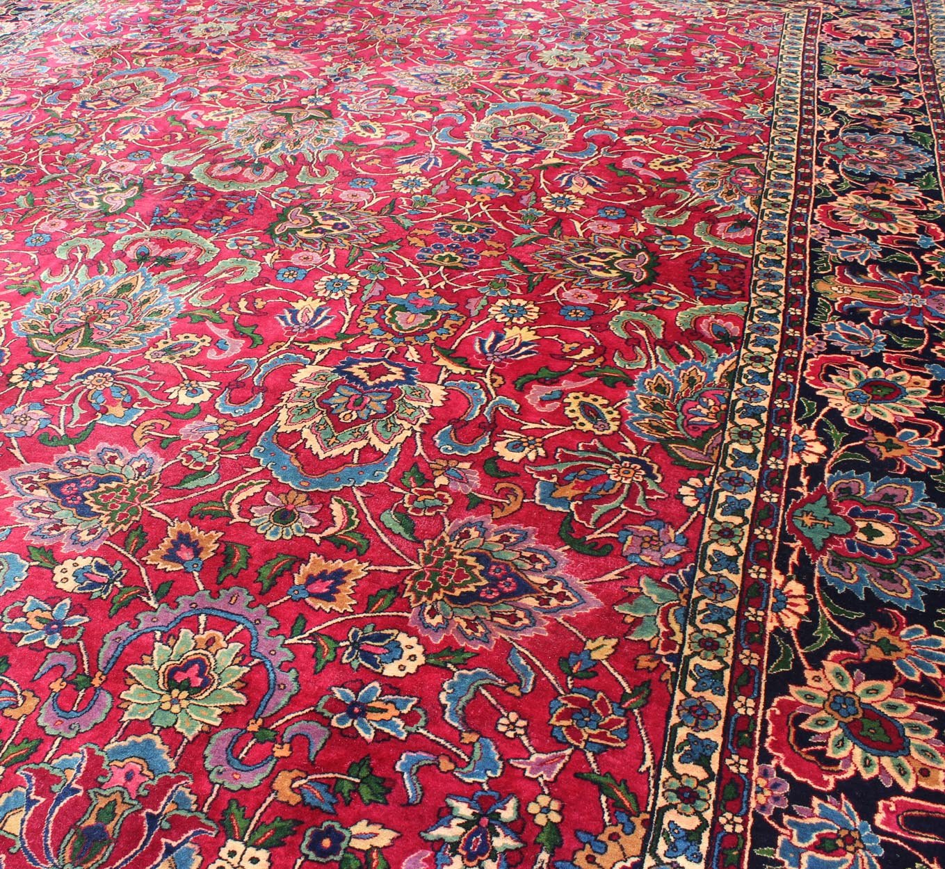 Antique Indian Agra Carpet with Raspberry Color and fine Shinny Wool and multi colors, accent green. Keivan Woven Arts / D - 1010, circa 1920, Agra carpet. Indian Rug / Early 20th Century. Measures: 9'10 x 14'4. This antique Indian Agra bears an i... - Keivan Woven ArtsD - 1010 - 469Rug