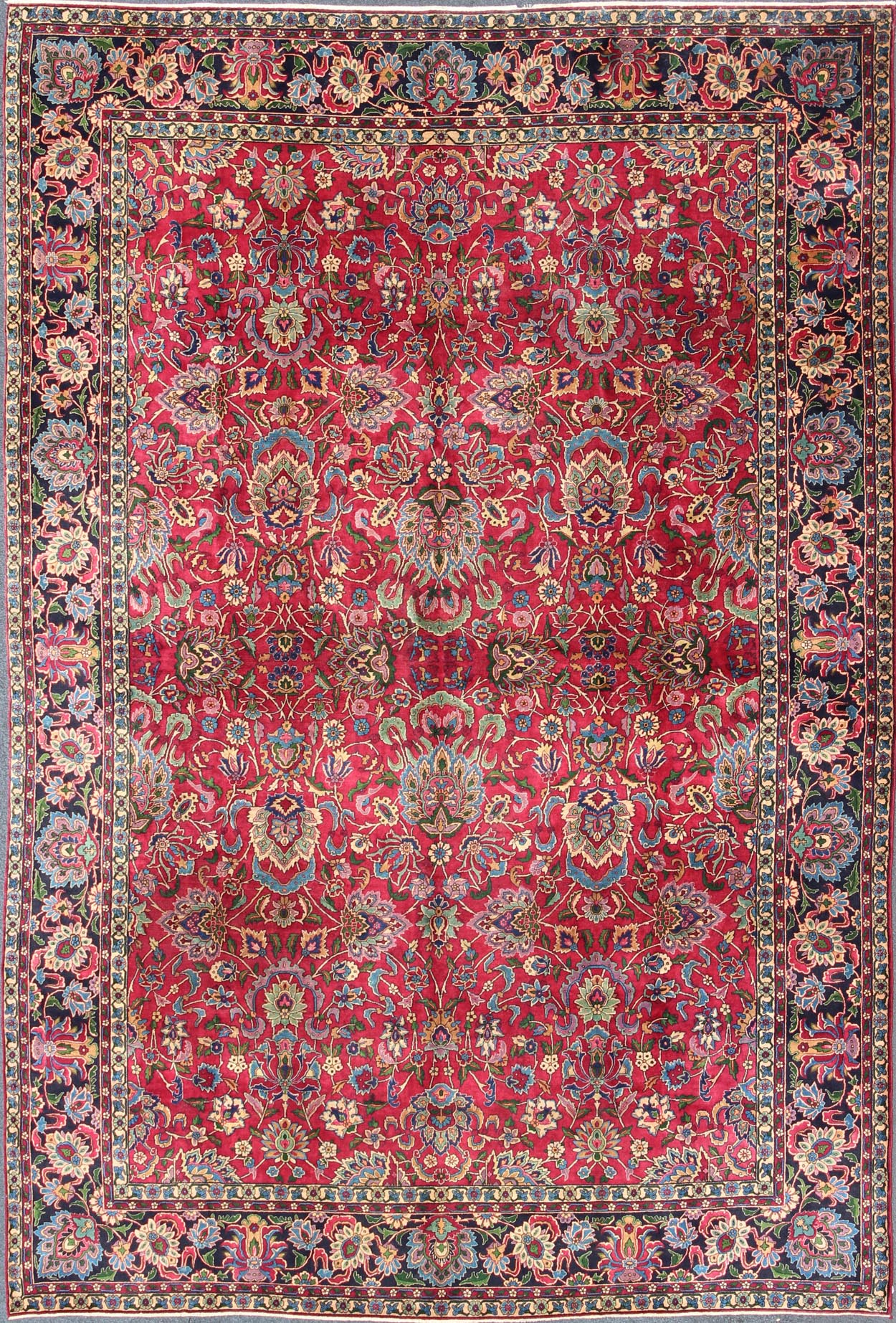 Antique Indian Agra Carpet with Raspberry Color and fine Shinny Wool and multi colors, accent green. Keivan Woven Arts / D - 1010, circa 1920, Agra carpet. Indian Rug / Early 20th Century. Measures: 9'10 x 14'4. This antique Indian Agra bears an i... - Keivan Woven ArtsD - 1010 - 469Rug