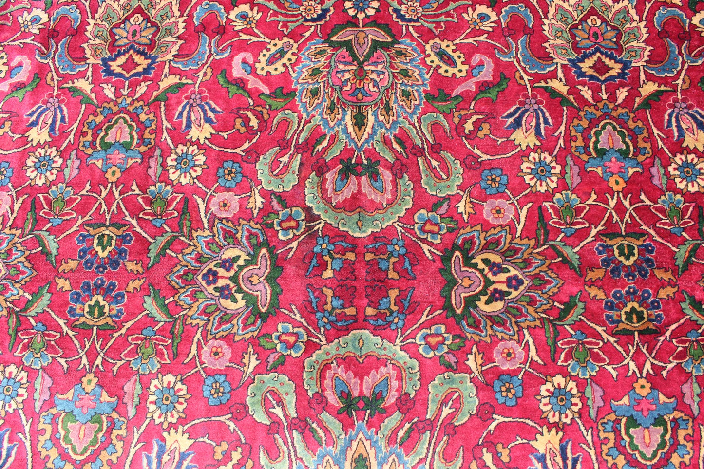 Antique Indian Agra Carpet with Raspberry Color and fine Shinny Wool and multi colors, accent green. Keivan Woven Arts / D - 1010, circa 1920, Agra carpet. Indian Rug / Early 20th Century. Measures: 9'10 x 14'4. This antique Indian Agra bears an i... - Keivan Woven ArtsD - 1010 - 469Rug