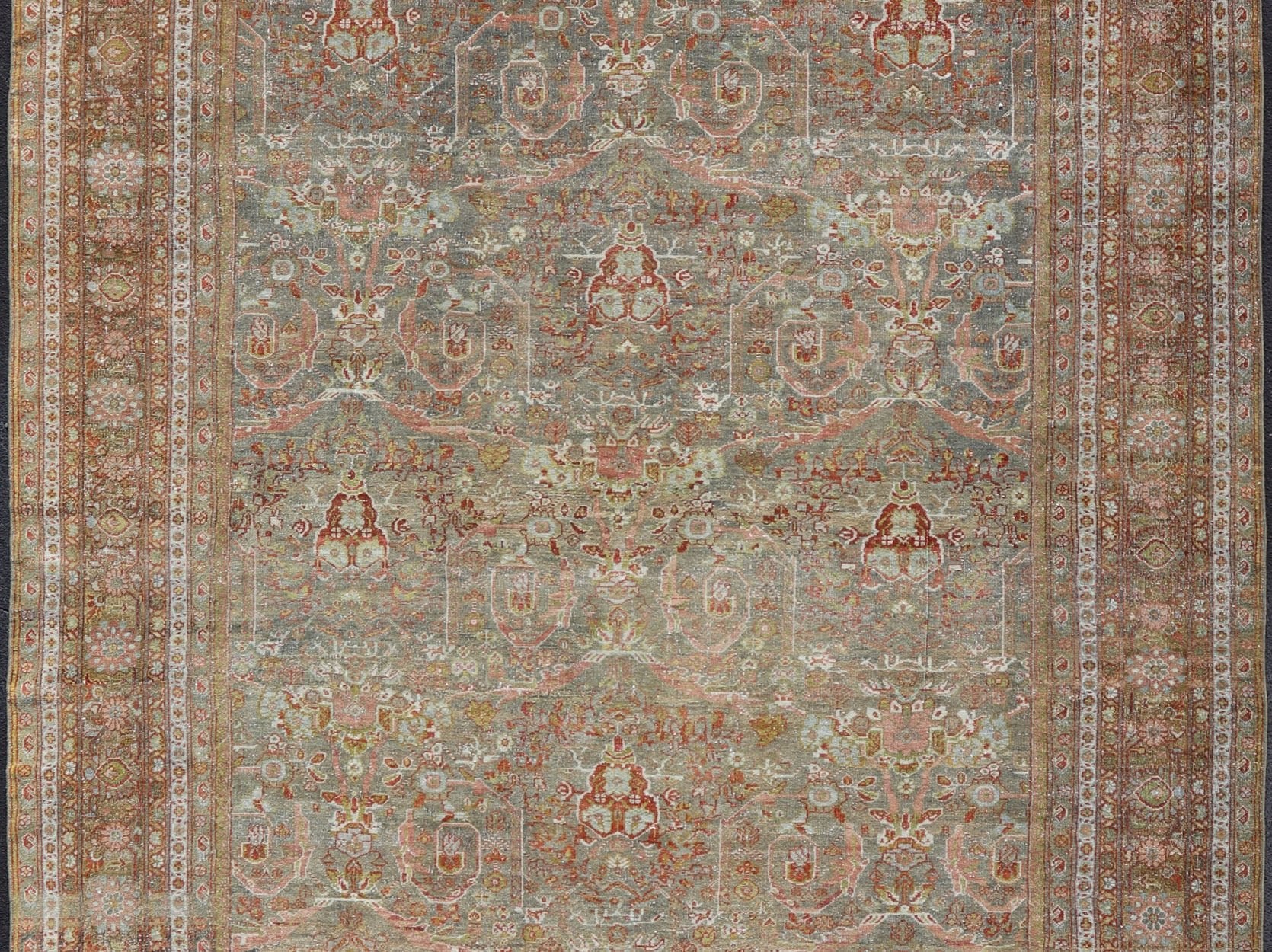 Distressed Antique Persian Sultanabad Rug in Faded Grey Background with green, salmon, pink, brown. distressed antique rug, distressed antique Sultanabad, distressed antique Mahal. Antique distressed Persian rug. Sultanabad Mahal antique rug fro... - Keivan Woven ArtsDAN - 1701 - 8493Rug