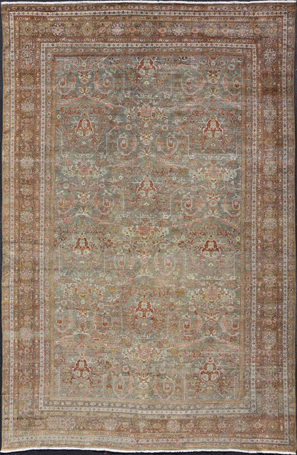Distressed Antique Persian Sultanabad Rug in Faded Grey Background with green, salmon, pink, brown. distressed antique rug, distressed antique Sultanabad, distressed antique Mahal. Antique distressed Persian rug. Sultanabad Mahal antique rug fro... - Keivan Woven ArtsDAN - 1701 - 8493Rug