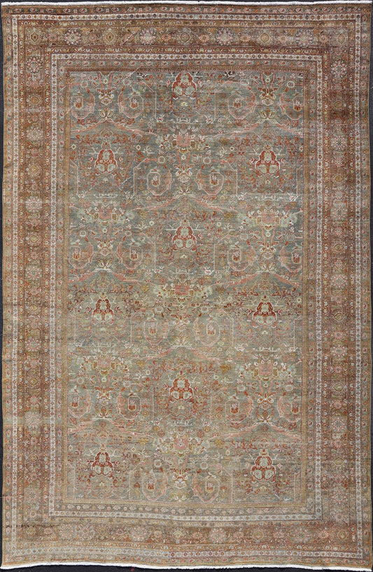 Distressed Antique Persian Sultanabad Rug in Faded Grey Background with green, salmon, pink, brown. distressed antique rug, distressed antique Sultanabad, distressed antique Mahal. Antique distressed Persian rug. Sultanabad Mahal antique rug fro... - Keivan Woven ArtsDAN - 1701 - 8493Rug