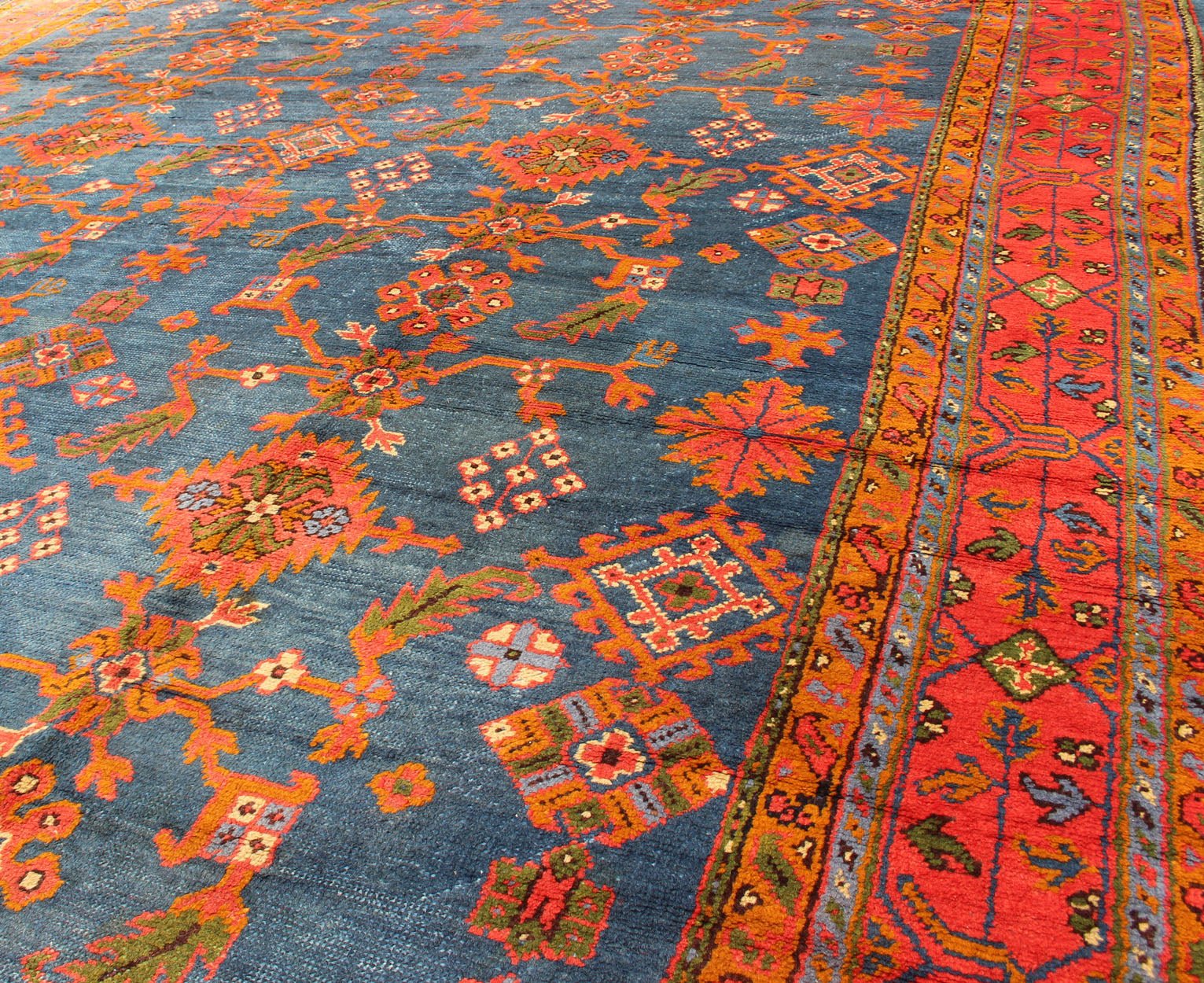 Antique Turkish Oushak Rug in Vibrant Blue, Red, Green with All over Geometric Design, kwarugs DAN - A19889. Colorful Oushak in vibrant colors. This Antique Turkish Oushak Rug showcases an all over geometric sunburst design with vibrant colors such a... - Keivan Woven ArtsDAN - A19889 - 7097Rug