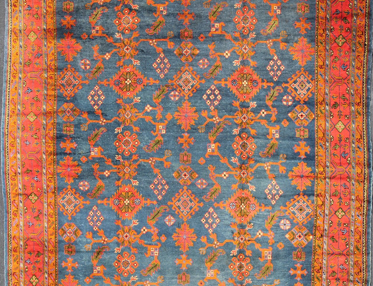 Antique Turkish Oushak Rug in Vibrant Blue, Red, Green with All over Geometric Design, kwarugs DAN - A19889. Colorful Oushak in vibrant colors. This Antique Turkish Oushak Rug showcases an all over geometric sunburst design with vibrant colors such a... - Keivan Woven ArtsDAN - A19889 - 7097Rug