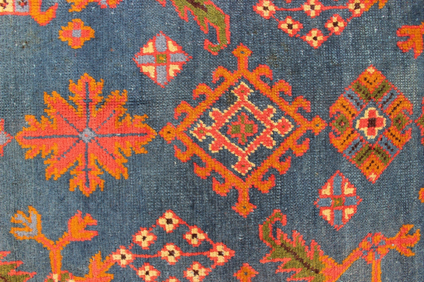 Antique Turkish Oushak Rug in Vibrant Blue, Red, Green with All over Geometric Design, kwarugs DAN - A19889. Colorful Oushak in vibrant colors. This Antique Turkish Oushak Rug showcases an all over geometric sunburst design with vibrant colors such a... - Keivan Woven ArtsDAN - A19889 - 7097Rug