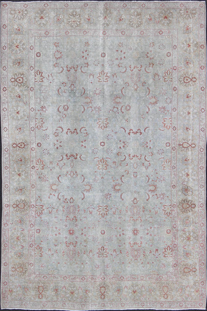Light Blue Antique Persian Tabriz Rug With Floral Design and Hints of Red Light blue antique Persian Tabriz rug with floral design and hints of red, rug dan - g77, country of origin / type: Iran / Tabriz, circa 1920 This antique Persian... - Keivan Woven ArtsDAN - G77 - 8783Rug