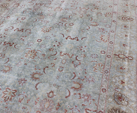 Light Blue Antique Persian Tabriz Rug With Floral Design and Hints of Red Light blue antique Persian Tabriz rug with floral design and hints of red, rug dan - g77, country of origin / type: Iran / Tabriz, circa 1920 This antique Persian... - Keivan Woven ArtsDAN - G77 - 8783Rug