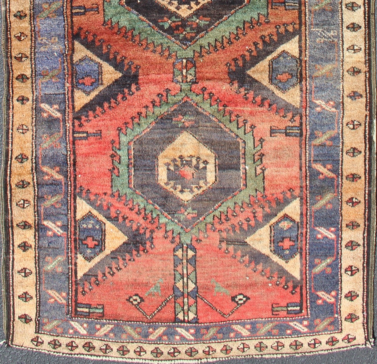 Vintage Runner Persian Hamadan with Tribal Vertical Medallion Design. Colorful Vintage Persian Hamadan runner with tribal Motifs, Vertical Medallion Design, rug DSP - 0505 - 20, country of origin / type: Iran / Hamadan, circa 1930. This vint... - Keivan Woven ArtsDSP - 0505 - 20 - 12910Rug