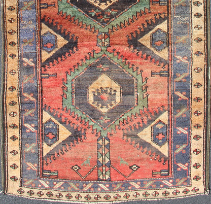 Vintage Runner Persian Hamadan with Tribal Vertical Medallion Design. Colorful Vintage Persian Hamadan runner with tribal Motifs, Vertical Medallion Design, rug DSP - 0505 - 20, country of origin / type: Iran / Hamadan, circa 1930. This vint... - Keivan Woven ArtsDSP - 0505 - 20 - 12910Rug
