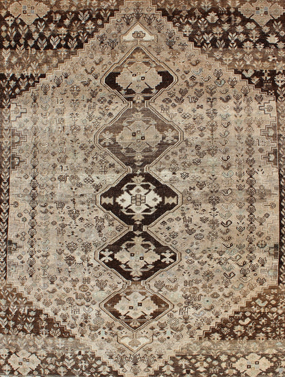Brown/Taupe Vintage Persian Shiraz Rug with Vertical Sub - Geometric Medallions kwarugs Brown/Taupe Vintage Persian Shiraz rug with Vertical Sub - Geometric Medallions, Keivan Woven Arts / rug DSP - A342934, country of origin / type: Iran / Shiraz, ci... - Keivan Woven ArtsDSP - A342934 - 4335Rug