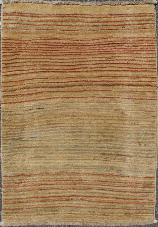 Minimalist Design Vintage Gabbeh Rug With All - Over Stripe Design in Multi - Colors. Muted Colors Afghan Gabbeh design Rug With All - Over Design of stripes Afghan tribal Rug, DSP - BC11502 country of origin / type: Afghan /, circa 1980. This m... - Keivan Woven ArtsDSP - BC11502 - 4341Rug