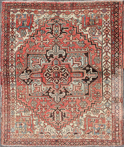 Square Size Antique Persian Small Heriz Rug with Medallion in Soft Colors kwarugs Highly stylized antique Persian Heriz rug with medallion, circa 1930s, rug dsp - ca16194, country of origin / type: Iran / Heriz Serapi, circa 1930. This magn... - Keivan Woven ArtsDSP - CA16194A - 8773Rug