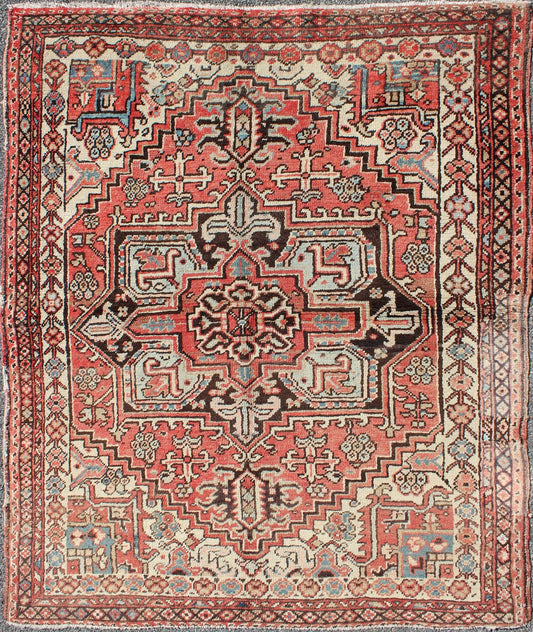 Square Size Antique Persian Small Heriz Rug with Medallion in Soft Colors kwarugs Highly stylized antique Persian Heriz rug with medallion, circa 1930s, rug dsp - ca16194, country of origin / type: Iran / Heriz Serapi, circa 1930. This magn... - Keivan Woven ArtsDSP - CA16194A - 8773Rug