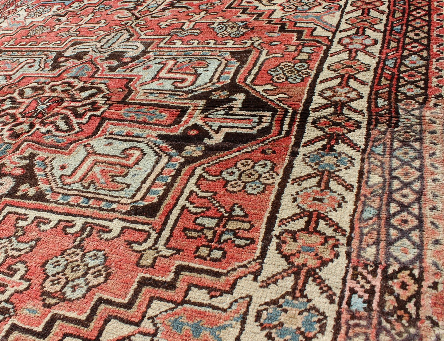 Square Size Antique Persian Small Heriz Rug with Medallion in Soft Colors kwarugs Highly stylized antique Persian Heriz rug with medallion, circa 1930s, rug dsp - ca16194, country of origin / type: Iran / Heriz Serapi, circa 1930. This magn... - Keivan Woven ArtsDSP - CA16194A - 8773Rug