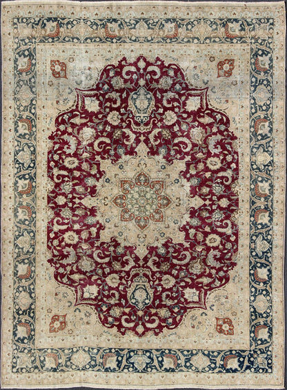 Layered Floral Medallion Antique Persian Mashad Rug in Red, Blue and Cream Antique Persian Mashad Rug, rug DSP - MKN380KS, country of origin / type: Iran / Mashad, circa Early - 20th Century. Measures: 9'9 x 12'6. This highly decorati... - Keivan Woven ArtsDSP - MKN380KS - 4120Rug