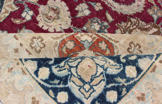 Layered Floral Medallion Antique Persian Mashad Rug in Red, Blue and Cream Antique Persian Mashad Rug, rug DSP - MKN380KS, country of origin / type: Iran / Mashad, circa Early - 20th Century. Measures: 9'9 x 12'6. This highly decorati... - Keivan Woven ArtsDSP - MKN380KS - 4120Rug