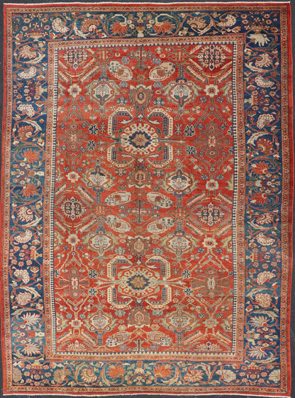 Antique Sultanabad Carpet This large and inspiring Sultanabad from the late 19 century is set apart from its peers due to its all over geometric design which floods the primary field. A luxurious base of soft tomato red contains a meticulous arr... - Keivan Woven ArtsE - 0101 - 475Rug