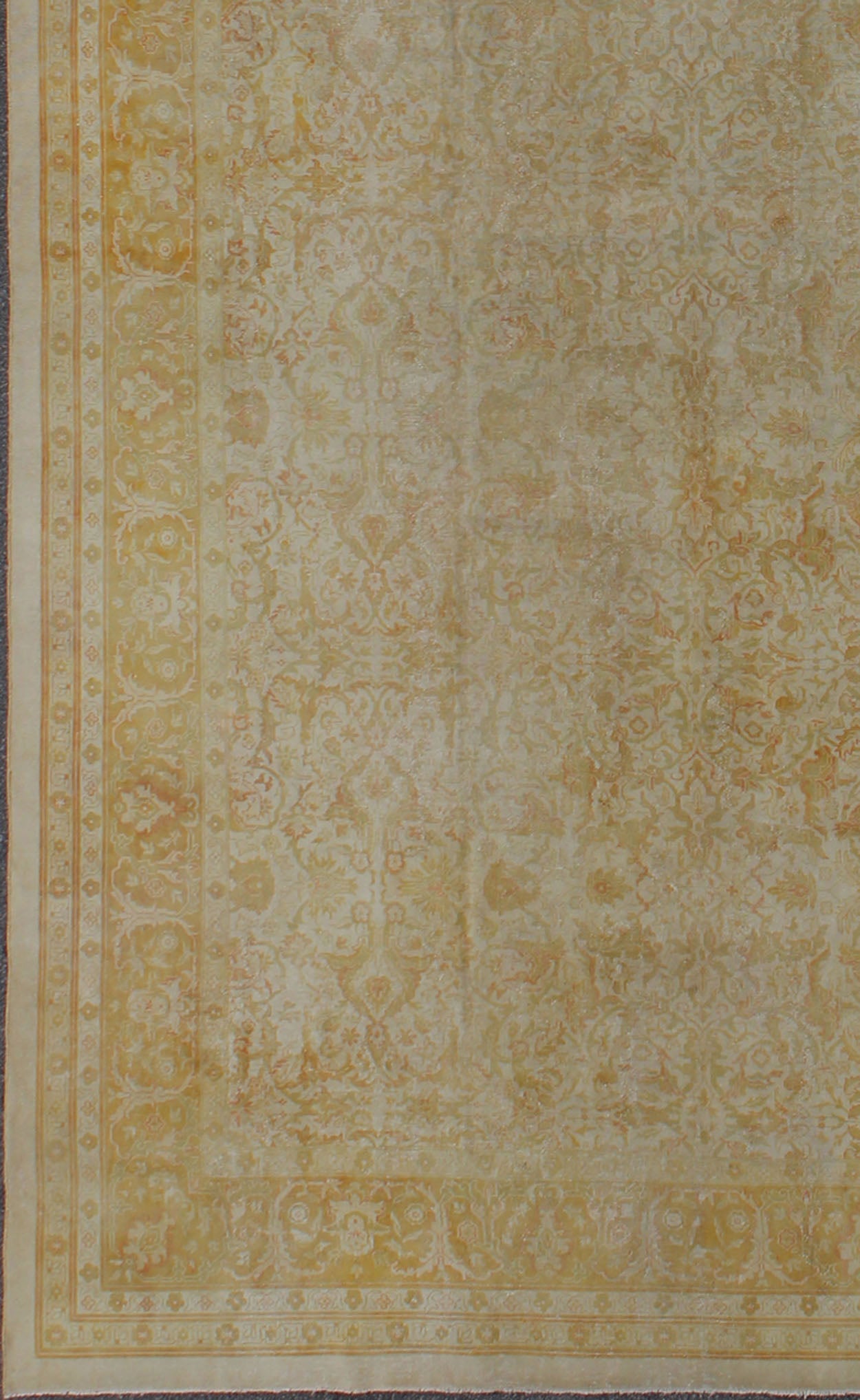Large All Over Design Distressed Indian Amritsar Rug in Green, Yellow, and Ivory. Large Indian Amritsar distressed Rug in All Over Design in light Green, pale Yellow, and Ivory. rug/ E - 0203 This magnificent distressed rug Indian Amritsar ... - Keivan Woven ArtsE - 0203 - 327