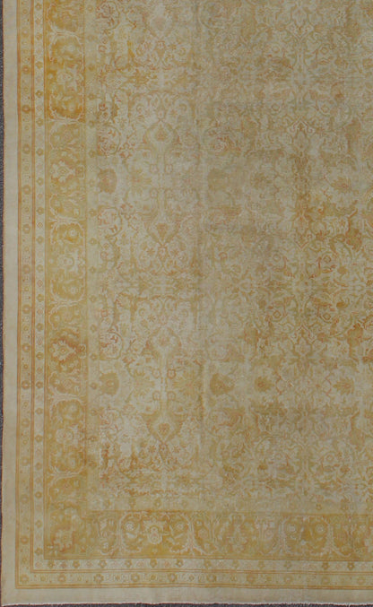 Large All Over Design Distressed Indian Amritsar Rug in Green, Yellow, and Ivory. Large Indian Amritsar distressed Rug in All Over Design in light Green, pale Yellow, and Ivory. rug/ E - 0203 This magnificent distressed rug Indian Amritsar ... - Keivan Woven ArtsE - 0203 - 327