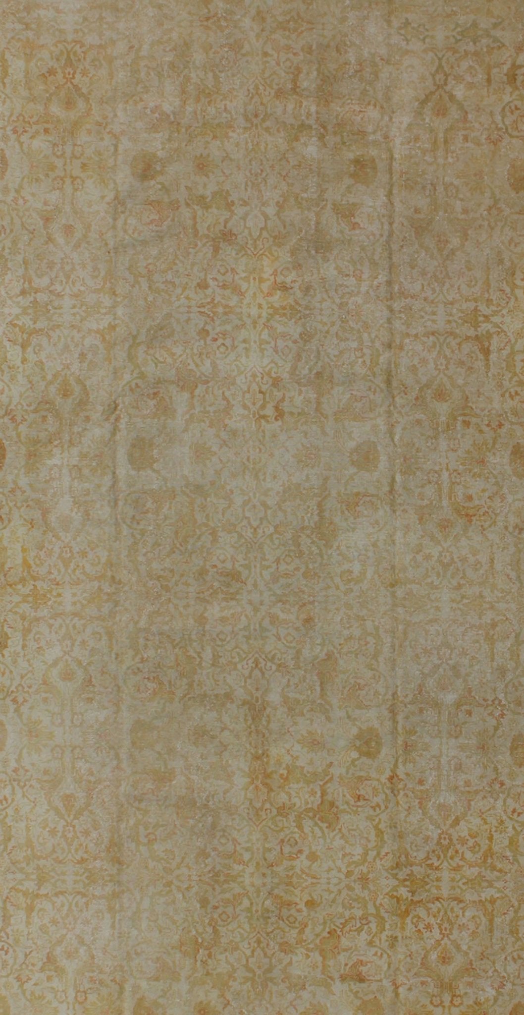 Large All Over Design Distressed Indian Amritsar Rug in Green, Yellow, and Ivory. Large Indian Amritsar distressed Rug in All Over Design in light Green, pale Yellow, and Ivory. rug/ E - 0203 This magnificent distressed rug Indian Amritsar ... - Keivan Woven ArtsE - 0203 - 327