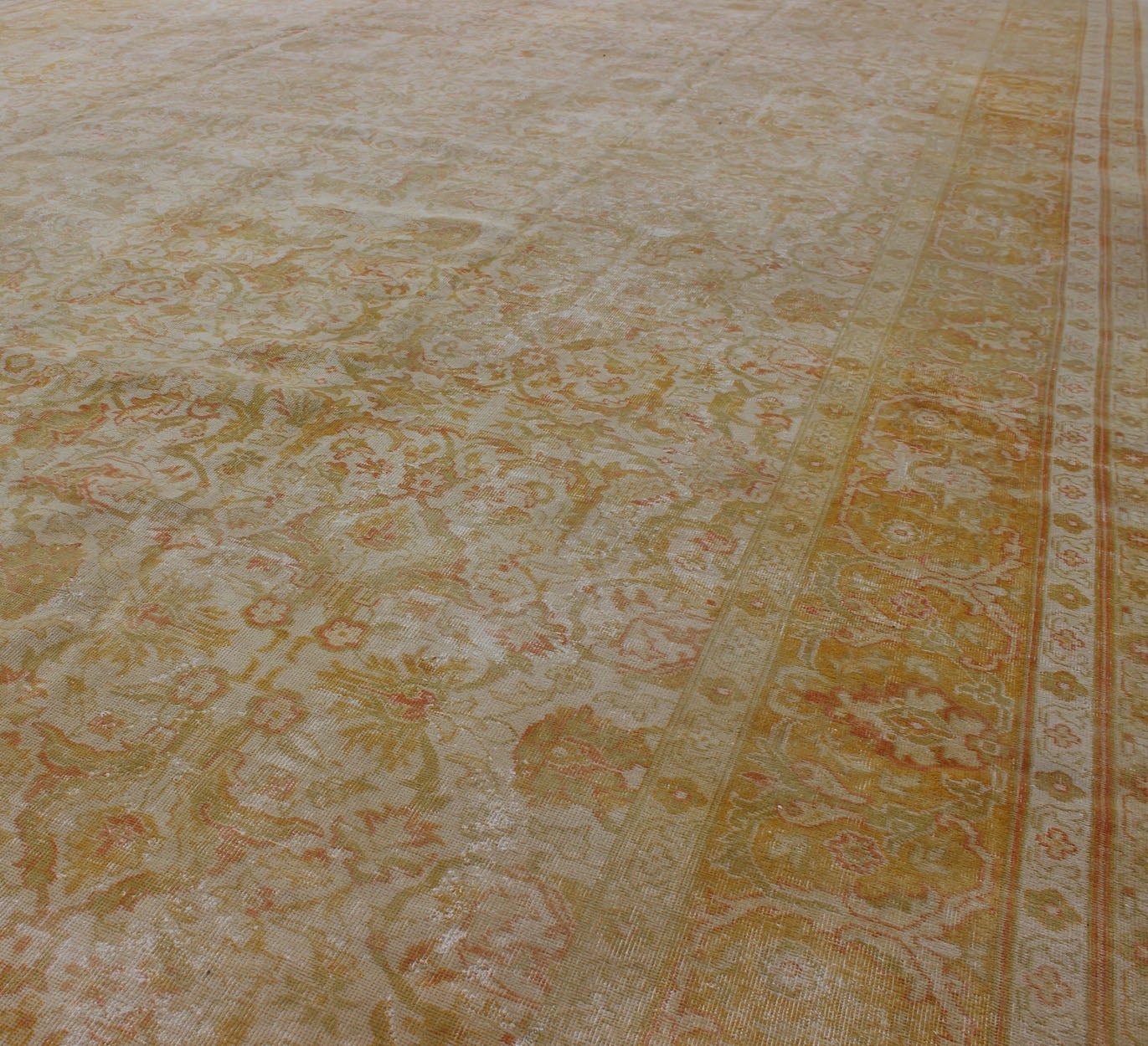 Large All Over Design Distressed Indian Amritsar Rug in Green, Yellow, and Ivory. Large Indian Amritsar distressed Rug in All Over Design in light Green, pale Yellow, and Ivory. rug/ E - 0203 This magnificent distressed rug Indian Amritsar ... - Keivan Woven ArtsE - 0203 - 327