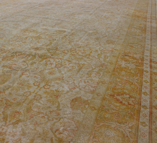 Large All Over Design Distressed Indian Amritsar Rug in Green, Yellow, and Ivory. Large Indian Amritsar distressed Rug in All Over Design in light Green, pale Yellow, and Ivory. rug/ E - 0203 This magnificent distressed rug Indian Amritsar ... - Keivan Woven ArtsE - 0203 - 327