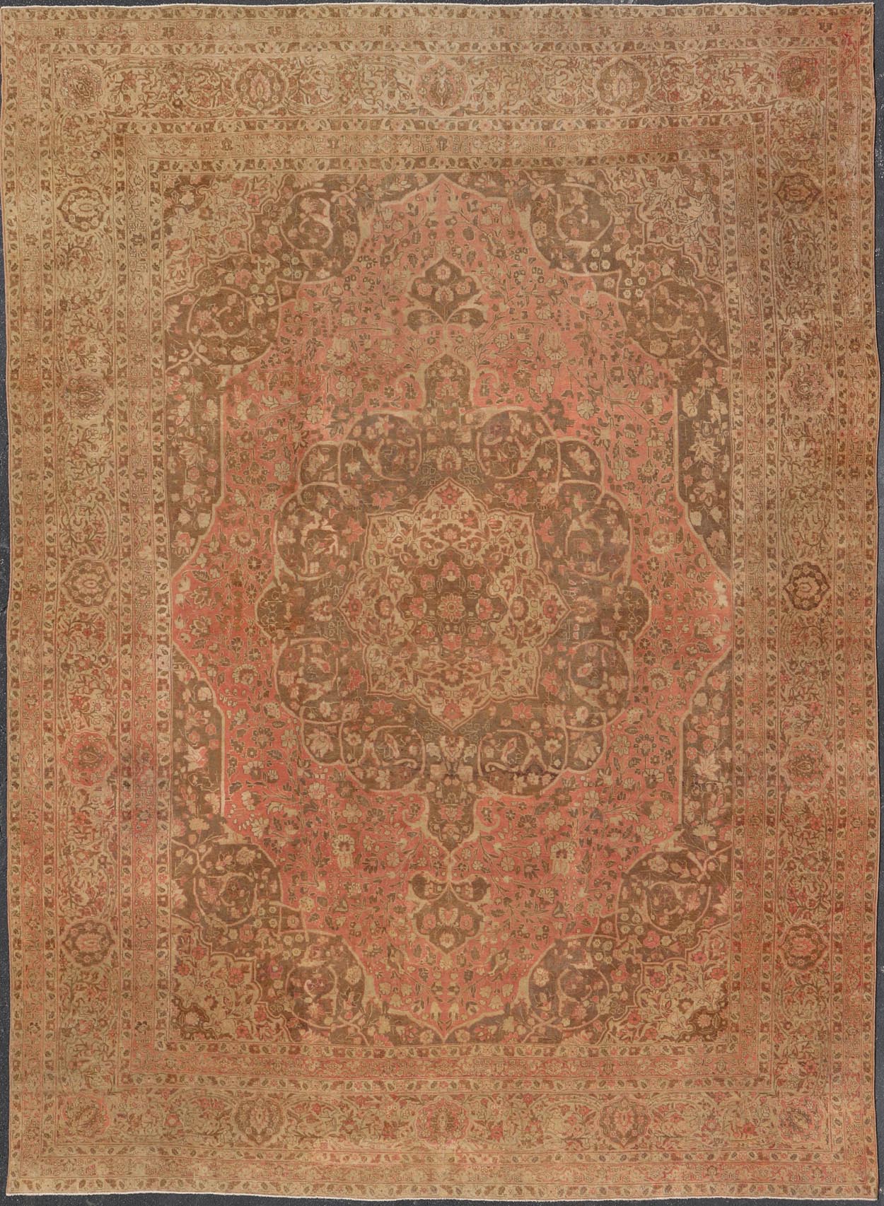 Antique Medallion Tabriz Carpet in Pink, Light Brown, Camel, Taupe, and Salmon. Keivan Woven Arts / rug E - 0303, country of origin / type: Iran /Tabriz, circa 1890. Measures: 12'10 x 17'9. This magnificent antique Tabriz carpet beautifully illustr... - Keivan Woven ArtsE - 0303 - 124