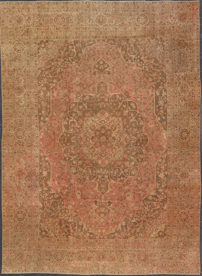Antique Medallion Tabriz Carpet in Pink, Light Brown, Camel, Taupe, and Salmon. Keivan Woven Arts / rug E - 0303, country of origin / type: Iran /Tabriz, circa 1890. Measures: 12'10 x 17'9. This magnificent antique Tabriz carpet beautifully illustr... - Keivan Woven ArtsE - 0303 - 124