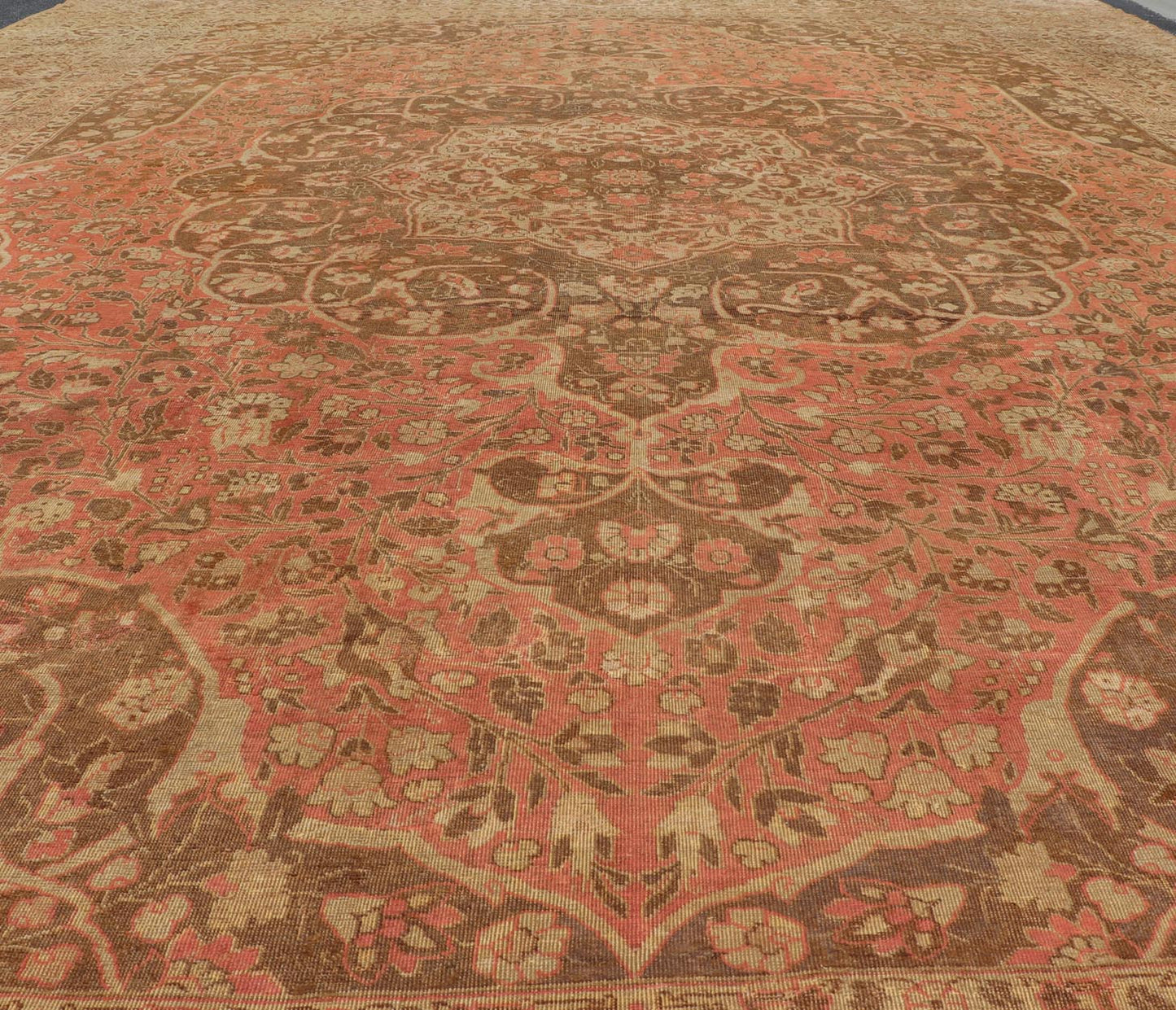Antique Medallion Tabriz Carpet in Pink, Light Brown, Camel, Taupe, and Salmon. Keivan Woven Arts / rug E - 0303, country of origin / type: Iran /Tabriz, circa 1890. Measures: 12'10 x 17'9. This magnificent antique Tabriz carpet beautifully illustr... - Keivan Woven ArtsE - 0303 - 124