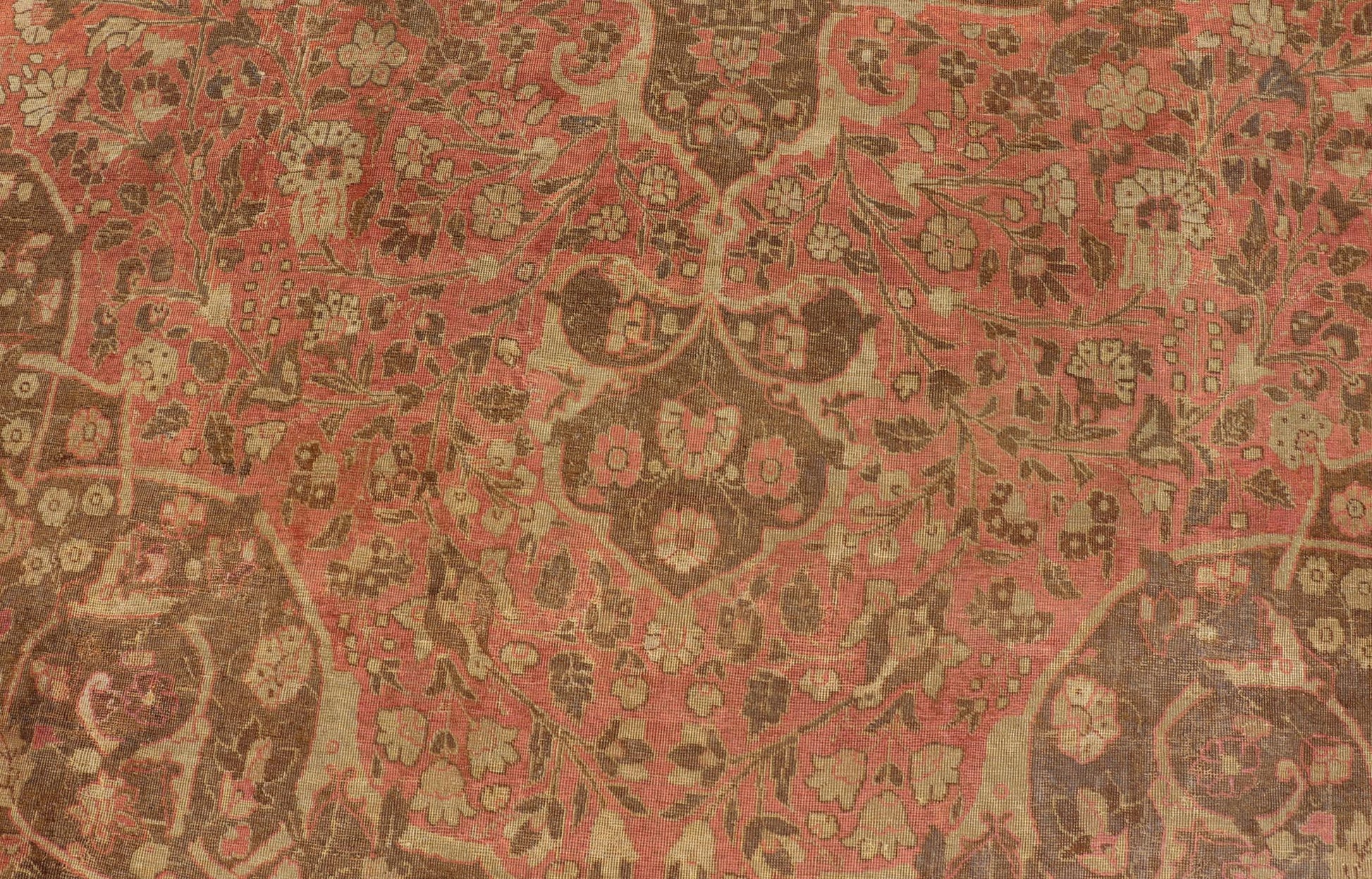 Antique Medallion Tabriz Carpet in Pink, Light Brown, Camel, Taupe, and Salmon. Keivan Woven Arts / rug E - 0303, country of origin / type: Iran /Tabriz, circa 1890. Measures: 12'10 x 17'9. This magnificent antique Tabriz carpet beautifully illustr... - Keivan Woven ArtsE - 0303 - 124