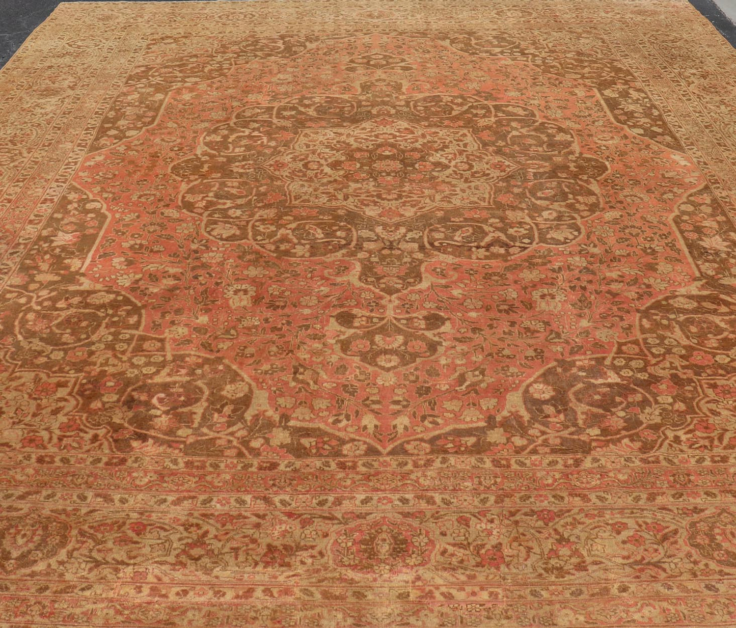 Antique Medallion Tabriz Carpet in Pink, Light Brown, Camel, Taupe, and Salmon. Keivan Woven Arts / rug E - 0303, country of origin / type: Iran /Tabriz, circa 1890. Measures: 12'10 x 17'9. This magnificent antique Tabriz carpet beautifully illustr... - Keivan Woven ArtsE - 0303 - 124
