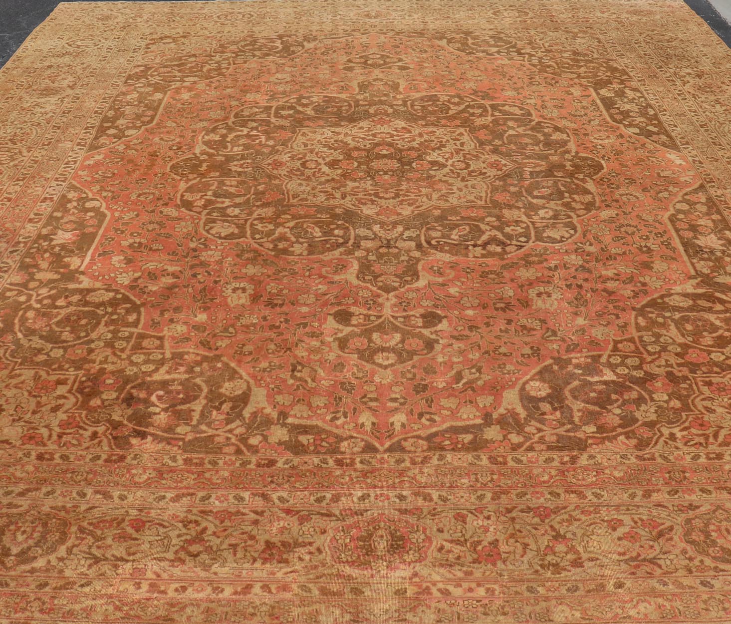 Antique Medallion Tabriz Carpet in Pink, Light Brown, Camel, Taupe, and Salmon. Keivan Woven Arts / rug E - 0303, country of origin / type: Iran /Tabriz, circa 1890. Measures: 12'10 x 17'9. This magnificent antique Tabriz carpet beautifully illustr... - Keivan Woven ArtsE - 0303 - 124