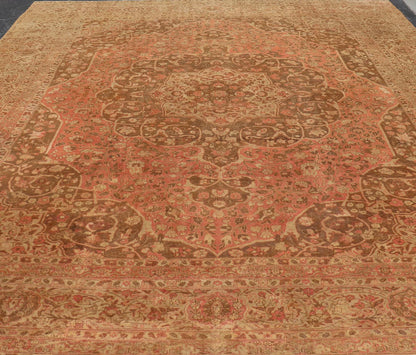 Antique Medallion Tabriz Carpet in Pink, Light Brown, Camel, Taupe, and Salmon. Keivan Woven Arts / rug E - 0303, country of origin / type: Iran /Tabriz, circa 1890. Measures: 12'10 x 17'9. This magnificent antique Tabriz carpet beautifully illustr... - Keivan Woven ArtsE - 0303 - 124
