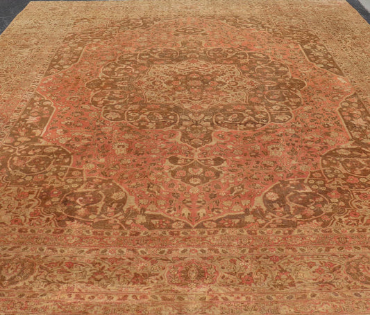 Antique Medallion Tabriz Carpet in Pink, Light Brown, Camel, Taupe, and Salmon. Keivan Woven Arts / rug E - 0303, country of origin / type: Iran /Tabriz, circa 1890. Measures: 12'10 x 17'9. This magnificent antique Tabriz carpet beautifully illustr... - Keivan Woven ArtsE - 0303 - 124