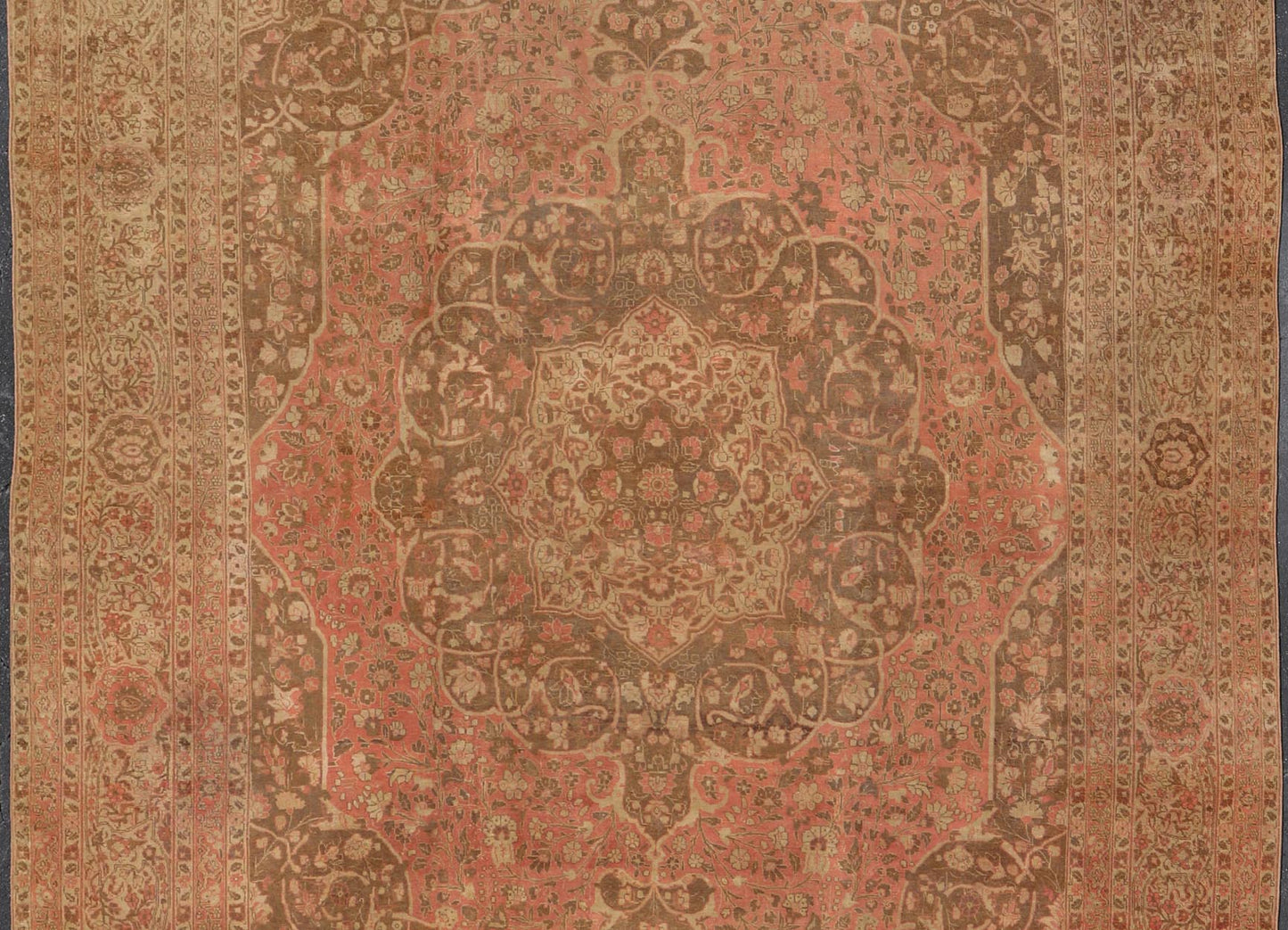 Antique Medallion Tabriz Carpet in Pink, Light Brown, Camel, Taupe, and Salmon. Keivan Woven Arts / rug E - 0303, country of origin / type: Iran /Tabriz, circa 1890. Measures: 12'10 x 17'9. This magnificent antique Tabriz carpet beautifully illustr... - Keivan Woven ArtsE - 0303 - 124
