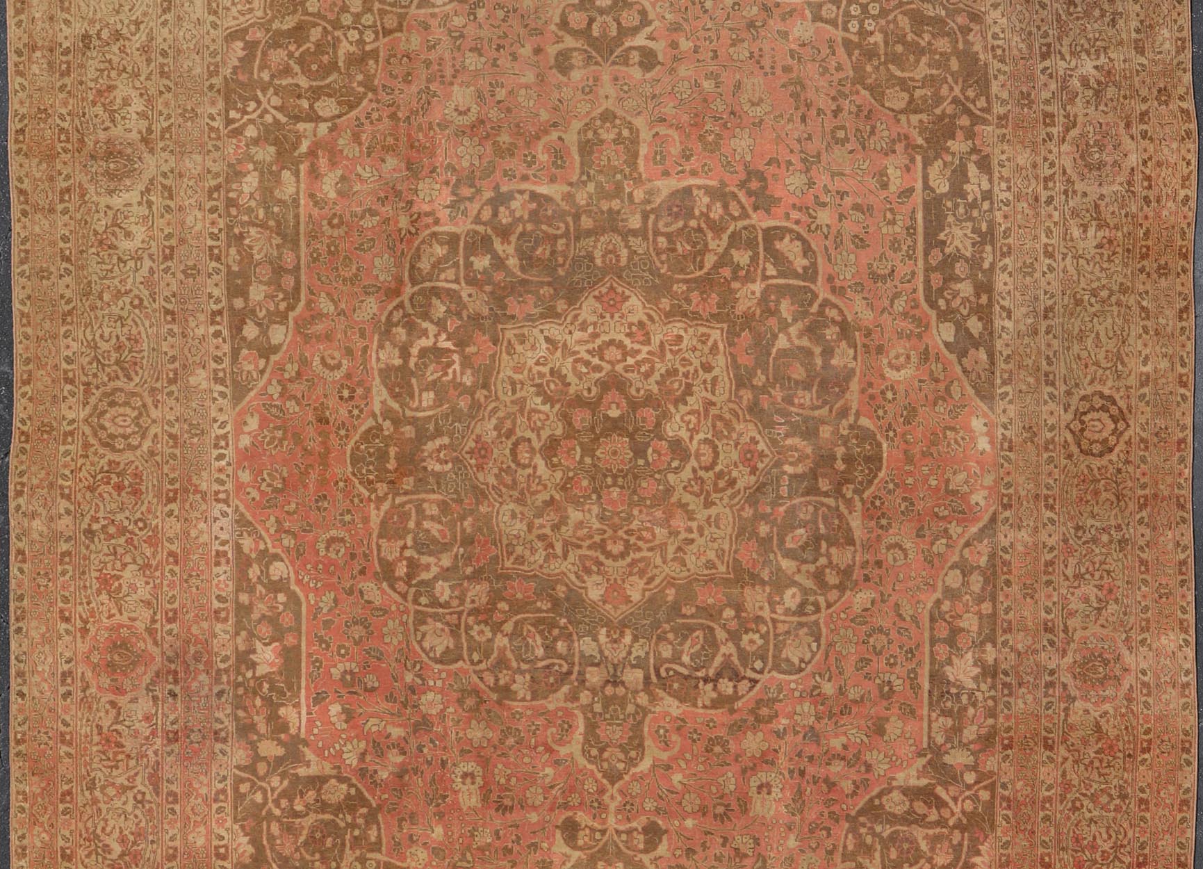 Antique Medallion Tabriz Carpet in Pink, Light Brown, Camel, Taupe, and Salmon. Keivan Woven Arts / rug E - 0303, country of origin / type: Iran /Tabriz, circa 1890. Measures: 12'10 x 17'9. This magnificent antique Tabriz carpet beautifully illustr... - Keivan Woven ArtsE - 0303 - 124