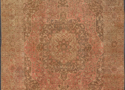 Antique Medallion Tabriz Carpet in Pink, Light Brown, Camel, Taupe, and Salmon. Keivan Woven Arts / rug E - 0303, country of origin / type: Iran /Tabriz, circa 1890. Measures: 12'10 x 17'9. This magnificent antique Tabriz carpet beautifully illustr... - Keivan Woven ArtsE - 0303 - 124