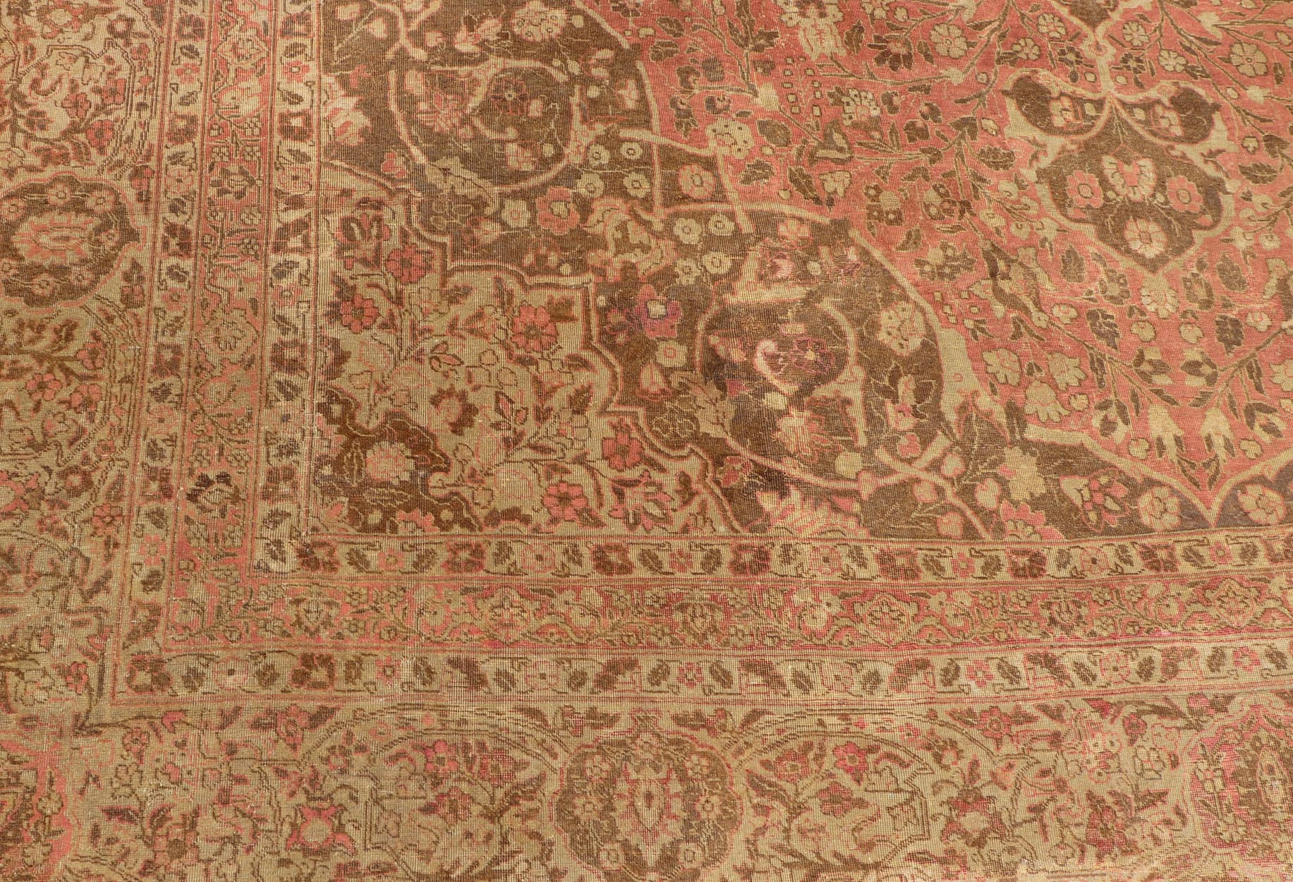 Antique Medallion Tabriz Carpet in Pink, Light Brown, Camel, Taupe, and Salmon. Keivan Woven Arts / rug E - 0303, country of origin / type: Iran /Tabriz, circa 1890. Measures: 12'10 x 17'9. This magnificent antique Tabriz carpet beautifully illustr... - Keivan Woven ArtsE - 0303 - 124