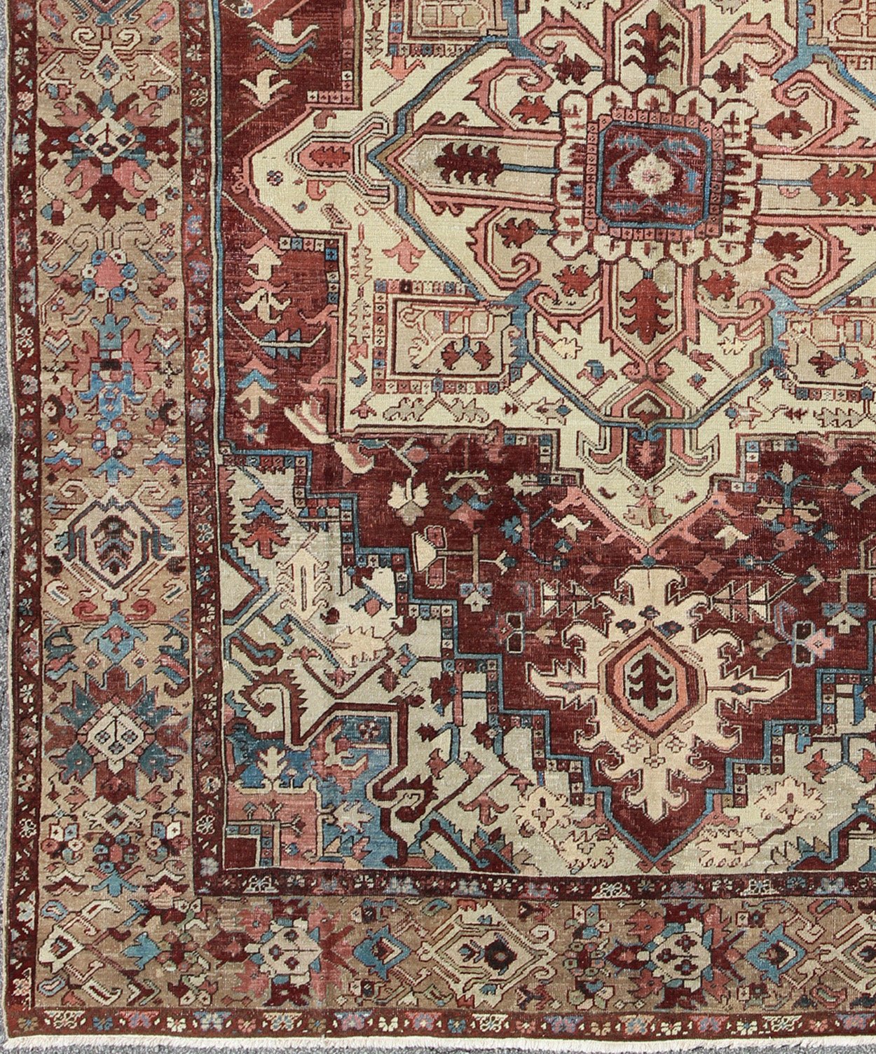 Antique Persian Serapi Carpet With Medallion In Reddish Brown, Tan and Light Blue. Keivan Woven Arts / rug E - 0402, country of origin / type: Iran / Serapi, circa 1890. Measures: 9'10 x 11'10 This late 19th Century Persian Serapi Rug has a center... - Keivan Woven ArtsE - 0402 - 527Rug