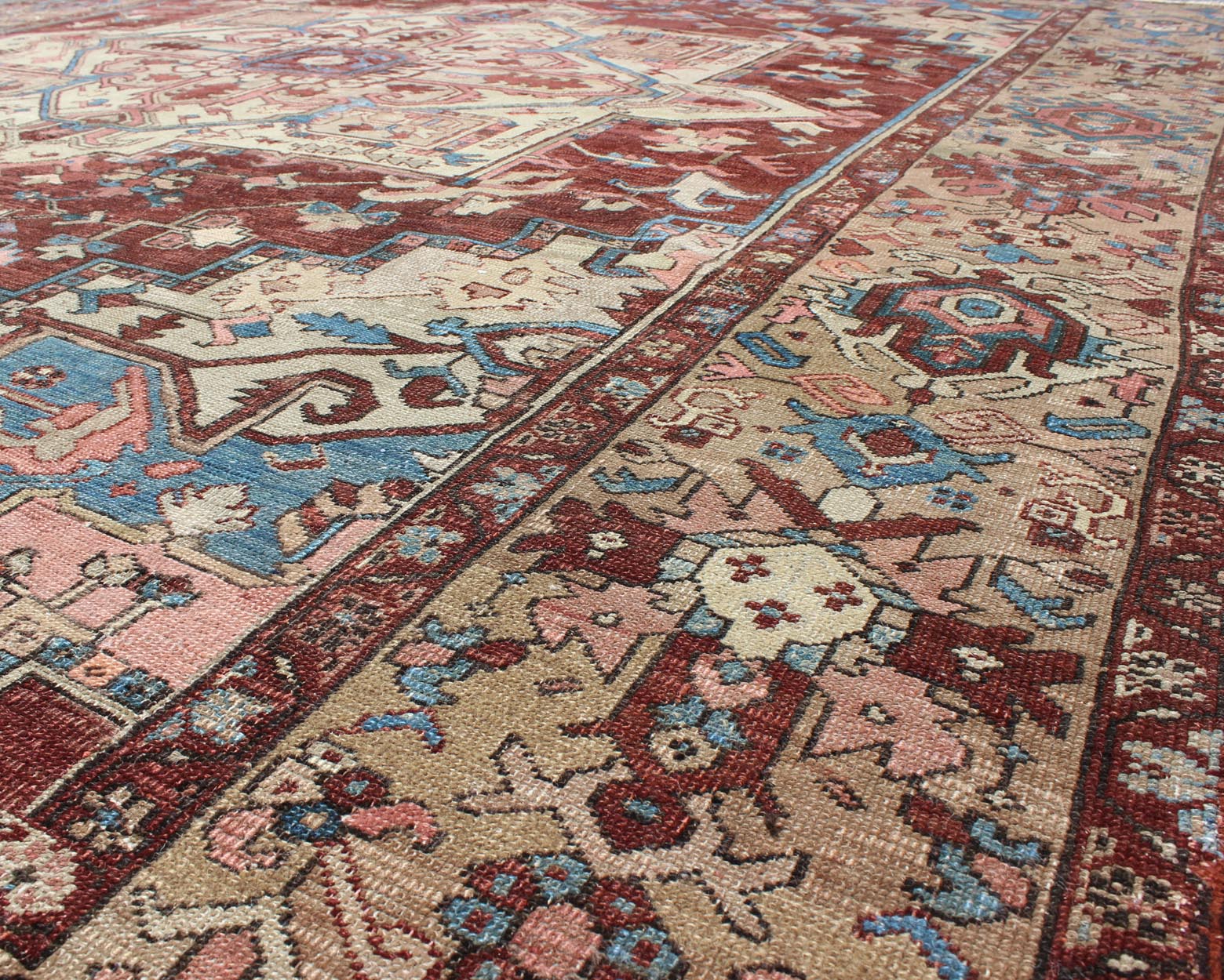 Antique Persian Serapi Carpet With Medallion In Reddish Brown, Tan and Light Blue. Keivan Woven Arts / rug E - 0402, country of origin / type: Iran / Serapi, circa 1890. Measures: 9'10 x 11'10 This late 19th Century Persian Serapi Rug has a center... - Keivan Woven ArtsE - 0402 - 527Rug
