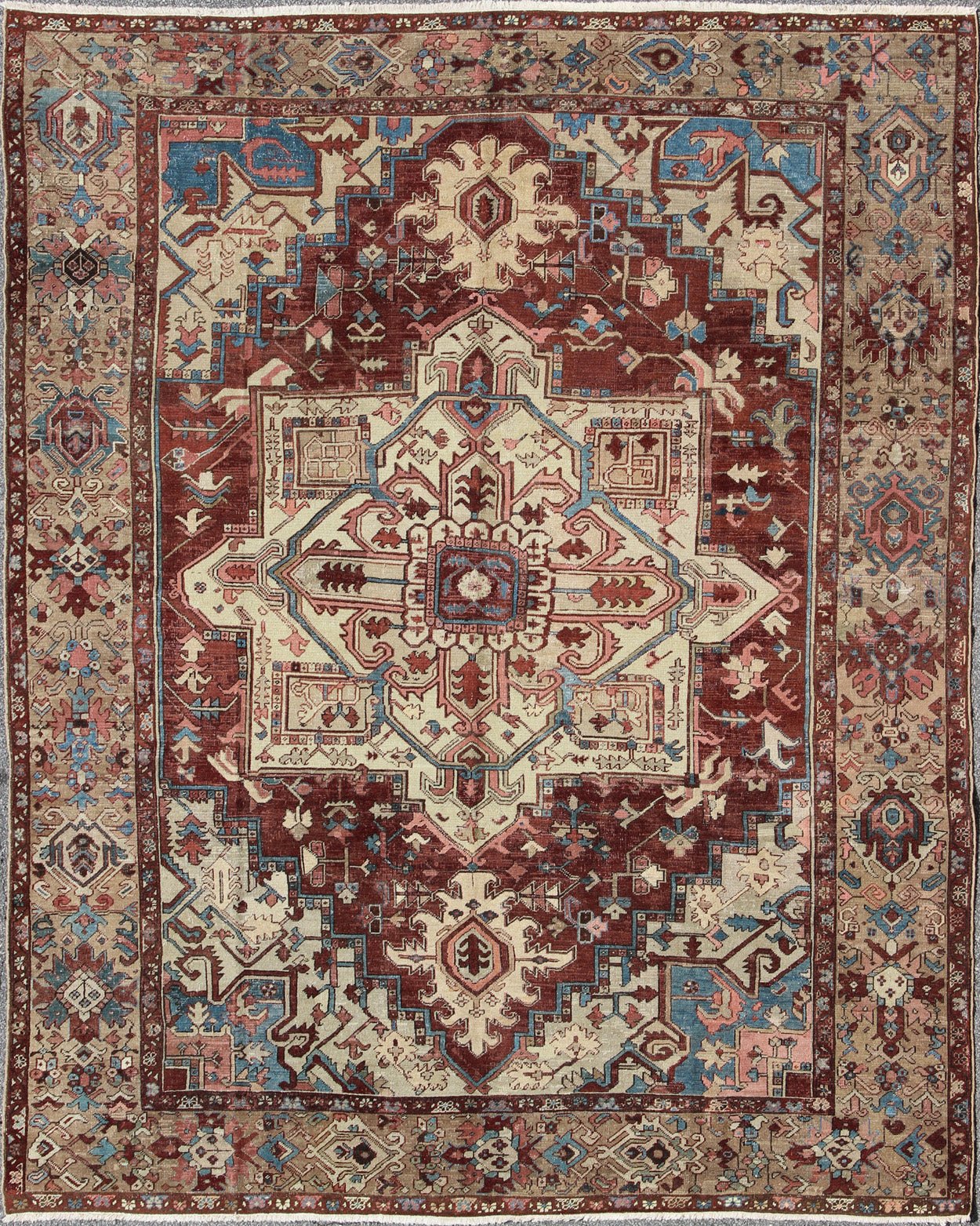 Antique Persian Serapi Carpet With Medallion In Reddish Brown, Tan and Light Blue. Keivan Woven Arts / rug E - 0402, country of origin / type: Iran / Serapi, circa 1890. Measures: 9'10 x 11'10 This late 19th Century Persian Serapi Rug has a center... - Keivan Woven ArtsE - 0402 - 527Rug