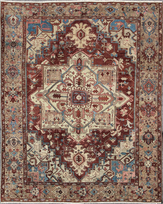 Antique Persian Serapi Carpet With Medallion In Reddish Brown, Tan and Light Blue. Keivan Woven Arts / rug E - 0402, country of origin / type: Iran / Serapi, circa 1890. Measures: 9'10 x 11'10 This late 19th Century Persian Serapi Rug has a center... - Keivan Woven ArtsE - 0402 - 527Rug
