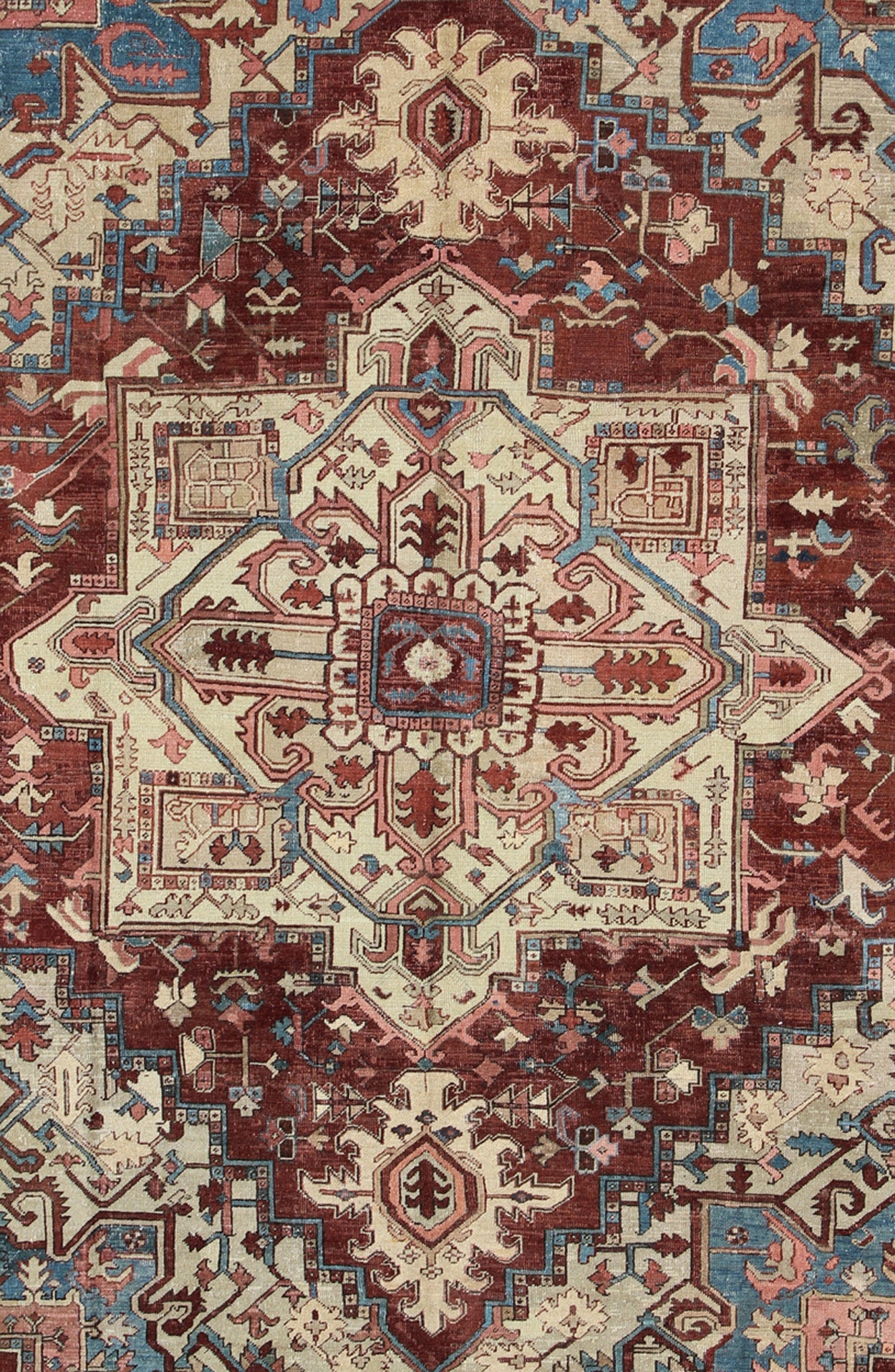 Antique Persian Serapi Carpet With Medallion In Reddish Brown, Tan and Light Blue. Keivan Woven Arts / rug E - 0402, country of origin / type: Iran / Serapi, circa 1890. Measures: 9'10 x 11'10 This late 19th Century Persian Serapi Rug has a center... - Keivan Woven ArtsE - 0402 - 527Rug