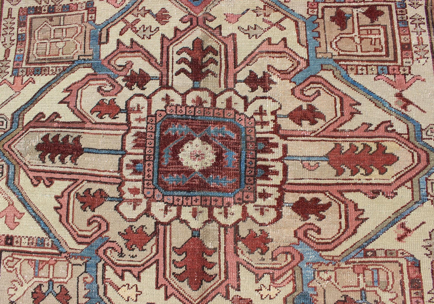 Antique Persian Serapi Carpet With Medallion In Reddish Brown, Tan and Light Blue. Keivan Woven Arts / rug E - 0402, country of origin / type: Iran / Serapi, circa 1890. Measures: 9'10 x 11'10 This late 19th Century Persian Serapi Rug has a center... - Keivan Woven ArtsE - 0402 - 527Rug
