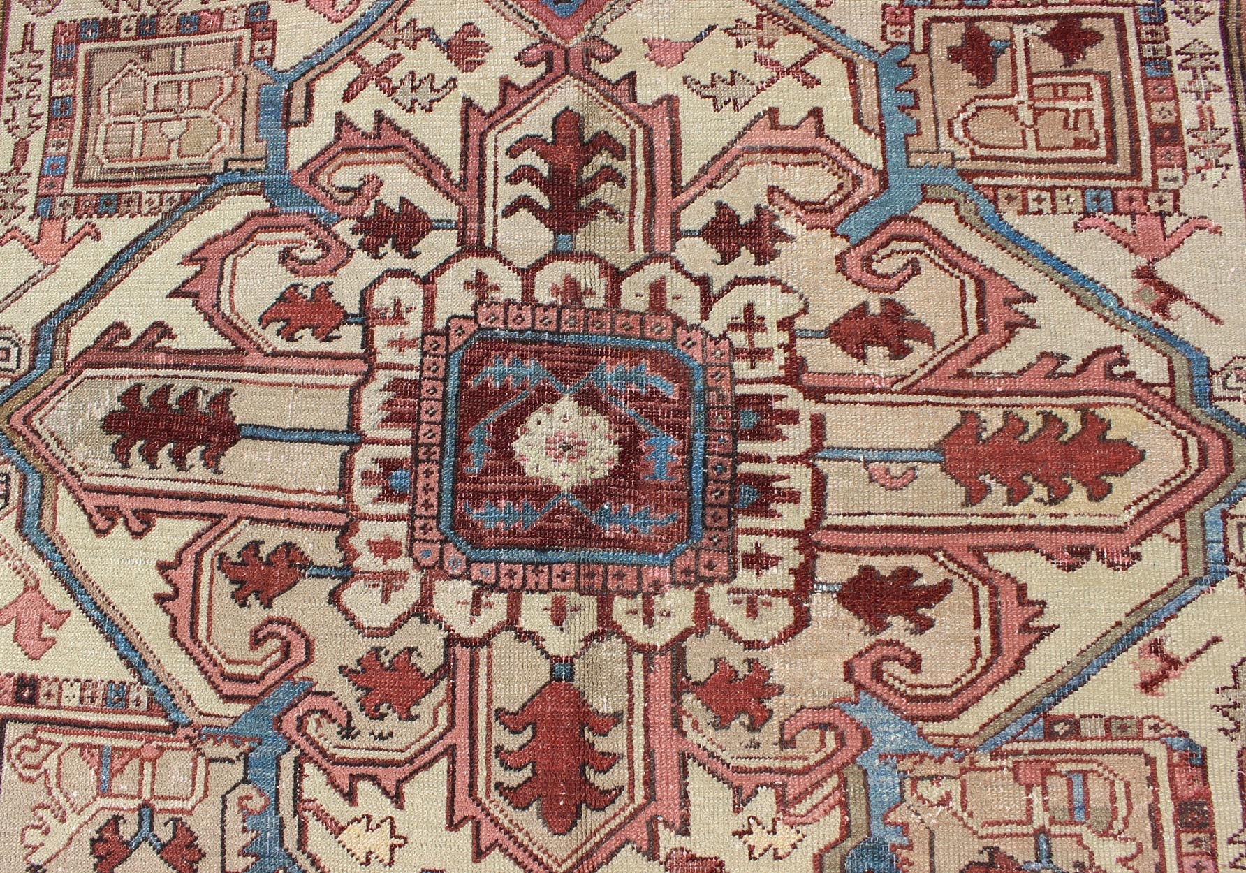 Antique Persian Serapi Carpet With Medallion In Reddish Brown, Tan and Light Blue. Keivan Woven Arts / rug E - 0402, country of origin / type: Iran / Serapi, circa 1890. Measures: 9'10 x 11'10 This late 19th Century Persian Serapi Rug has a center... - Keivan Woven ArtsE - 0402 - 527Rug
