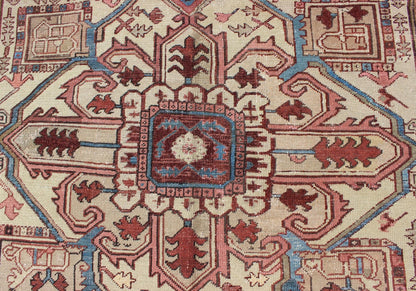 Antique Persian Serapi Carpet With Medallion In Reddish Brown, Tan and Light Blue. Keivan Woven Arts / rug E - 0402, country of origin / type: Iran / Serapi, circa 1890. Measures: 9'10 x 11'10 This late 19th Century Persian Serapi Rug has a center... - Keivan Woven ArtsE - 0402 - 527Rug